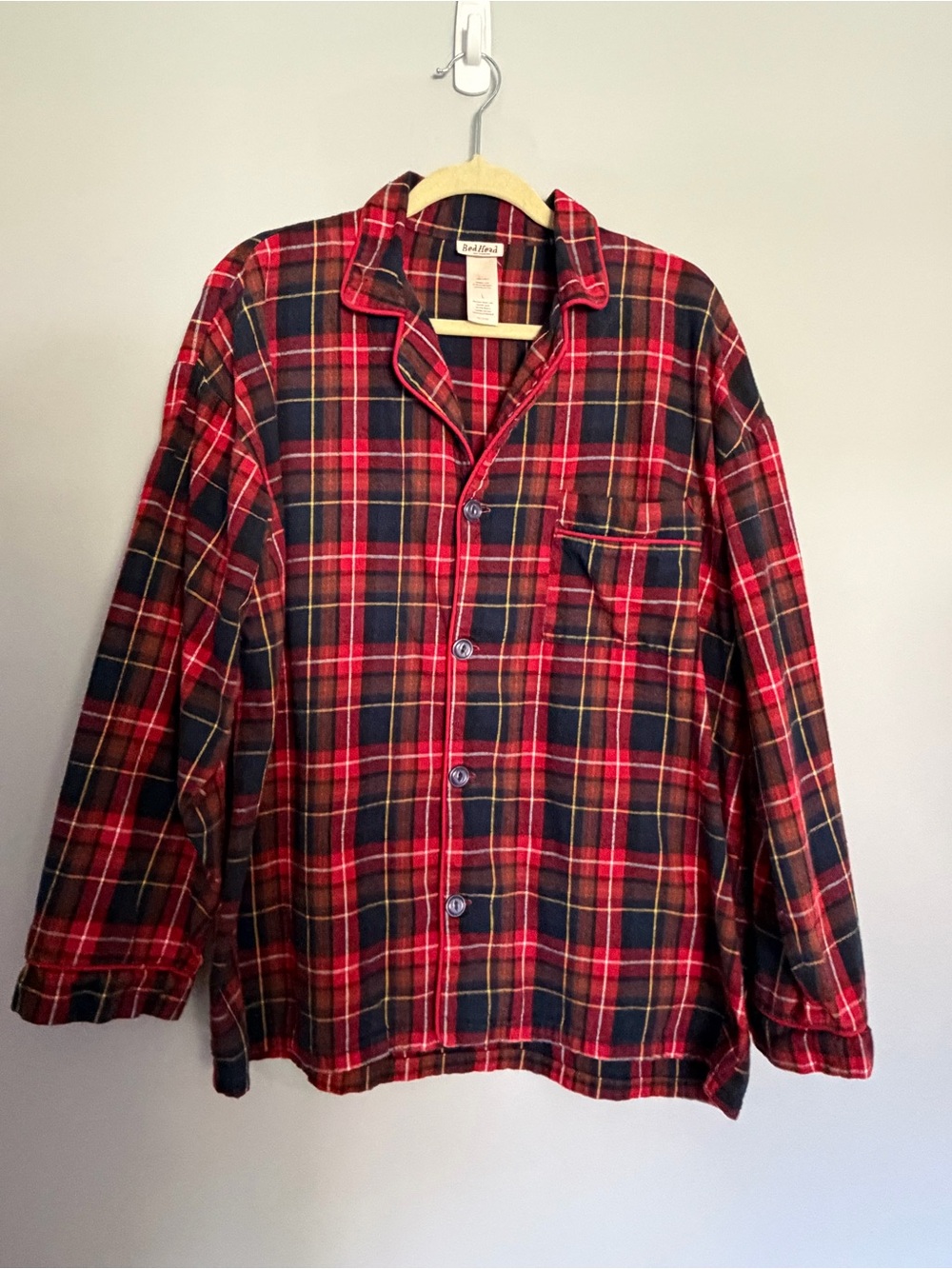 Vtg BedHead Pajama PJ Top Size L Red Plaid 100% Cotton Loungewear Shirt USA Made